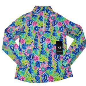 IBKUL Top Womens XS Long Sleeve Floral Mock Neck Zip UPF 50 Mesh Sleeve Golf NEW